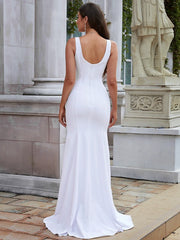 Wholesale Sheath/Column Stretch Crepe Ruched Straps Sleeveless Sweep/Brush Train Wedding Dresses