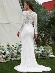 Wholesale Sheath/Column Lace Hand-Made Flower V-neck Long Sleeves Sweep/Brush Train Wedding Dresses