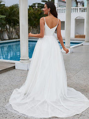 Wholesale A-Line/Princess Ruffles V-neck Sleeveless Sweep/Brush Train Wedding Dresses