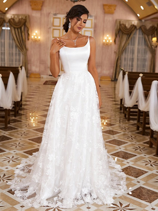 Wholesale A-Line/Princess Lace Applique Spaghetti Straps Sleeveless Sweep/Brush Train Wedding Dresses