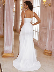 Wholesale Sheath/Column Stretch Crepe Ruched Spaghetti Straps Sleeveless Sweep/Brush Train Wedding Dresses