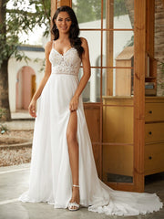 Wholesale A-Line/Princess Chiffon Lace V-neck Sleeveless Court Train Wedding Dresses