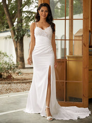 Wholesale Sheath/Column Stretch Crepe Lace V-neck Sleeveless Sweep/Brush Train Wedding Dresses