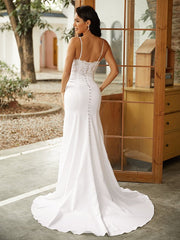 Wholesale Sheath/Column Stretch Crepe Lace V-neck Sleeveless Sweep/Brush Train Wedding Dresses