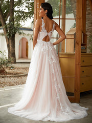Wholesale A-Line/Princess Tulle Applique Scoop Sleeveless Sweep/Brush Train Wedding Dresses