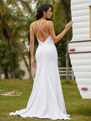 Sheath/Column Stretch Crepe Ruched V-neck Sleeveless Sweep/Brush Train Wedding Dresses