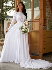 A-Line/Princess Chiffon Lace Scoop Long Sleeves Cathedral Train Wedding Dresses