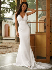 Sheath/Column Stretch Crepe Lace V-neck Sleeveless Sweep/Brush Train Wedding Dresses