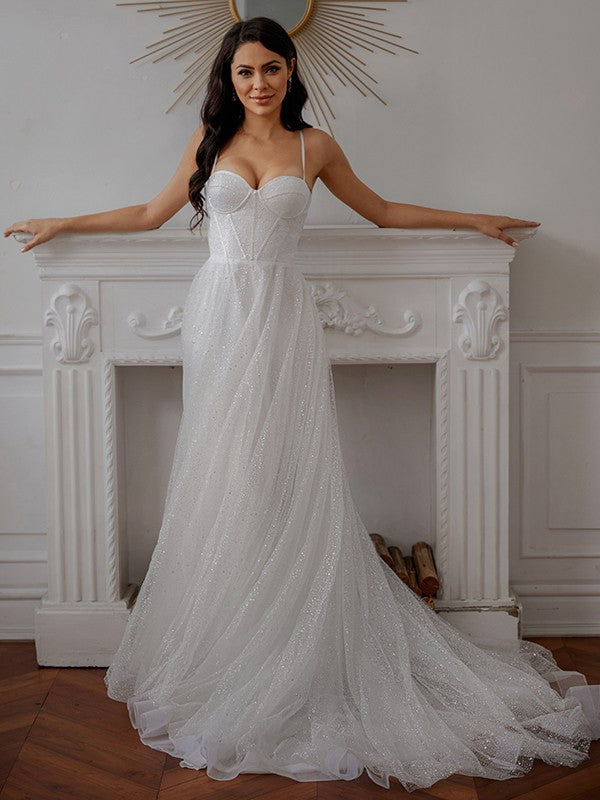 Wholesale A-Line/Princess Ruffles Spaghetti Straps Sleeveless Court Train Wedding Dresses