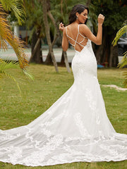 Aimishang  Sheath/Column Stretch Crepe Lace Scoop Sleeveless Cathedral Train Wedding Dresses