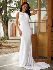 Wholesale Sheath/Column Stretch Crepe Ruched Scoop Sleeveless Sweep/Brush Train Wedding Dresses