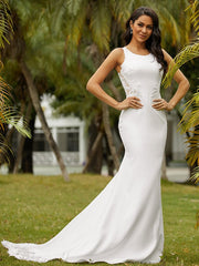 Stretch Crepe Lace Scoop Sleeveless Sweep/Brush Train Wedding Dresses