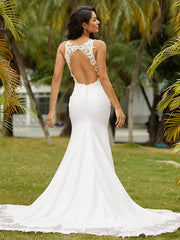Stretch Crepe Lace Scoop Sleeveless Sweep/Brush Train Wedding Dresses