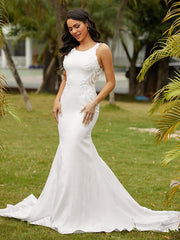 Stretch Crepe Lace Scoop Sleeveless Sweep/Brush Train Wedding Dresses