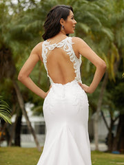 Stretch Crepe Lace Scoop Sleeveless Sweep/Brush Train Wedding Dresses
