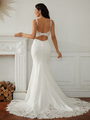 Lace V-neck Sleeveless Sweep/Brush Train Wedding Dresses