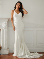 Lace V-neck Sleeveless Sweep/Brush Train Wedding Dresses