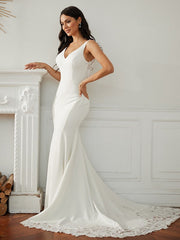 Lace V-neck Sleeveless Sweep/Brush Train Wedding Dresses