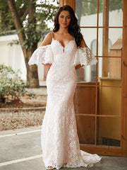 Wholesale Sheath/Column Lace V-neck Short Sleeves Sweep/Brush Train Wedding Dresses