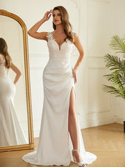 Wholesale Sheath/Column Charmeuse Lace V-neck Sleeveless Sweep/Brush Train Wedding Dresses