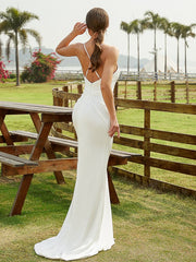 Wholesale Sheath/Column Jersey Ruched V-neck Sleeveless Sweep/Brush Train Wedding Dresses
