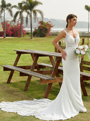 Aimishang  Sheath/Column Stretch Crepe Lace V-neck Sleeveless Cathedral Train Wedding Dresses