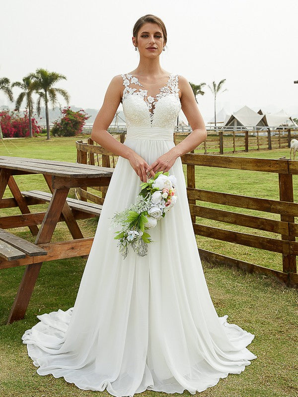 Aimishang  A-Line/Princess Chiffon Lace Scoop Sleeveless Sweep/Brush Train Wedding Dresses