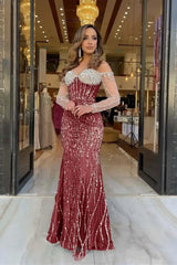 Champagne Sweetheart Mermaid Prom Dress Long Sleeves with Beadings