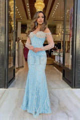 Champagne Sweetheart Mermaid Prom Dress Long Sleeves with Beadings
