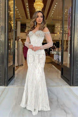 Champagne Sweetheart Mermaid Prom Dress Long Sleeves with Beadings