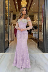 Champagne Sweetheart Mermaid Prom Dress Long Sleeves with Beadings
