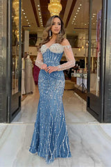 Champagne Sweetheart Mermaid Prom Dress Long Sleeves with Beadings