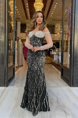 Champagne Sweetheart Mermaid Prom Dress Long Sleeves with Beadings