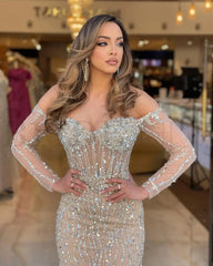 Champagne Sweetheart Mermaid Prom Dress Long Sleeves with Beadings