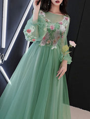 A-Line Prom Dresses Luxurious Dress Valentine's Day Wedding Guest Floor Length Long Sleeve Illusion Neck Tulle with Appliques