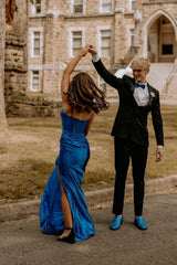 Mermaid Sweetheart Royal Blue Satin Slit Prom Dresses