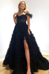 A-Line Sweet Pink Off-the-Shoulder Bustier Feather Prom Gown