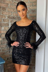 White Sequin Round-Neck Long Sleeve Feather Short Party Dress