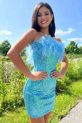 Feathered Strapless Bodycon Short Homecoming Dress