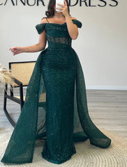 Sheath / Column Prom Dresses Elegant Dress Formal Prom Floor Length Short Sleeve Off Shoulder Sequined with Glitter Ruched