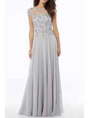 Aimishang A-Line Mother of the Bride Dress Elegant Jewel Neck Floor Length Chiffon Tulle Short Sleeve with Embroidery Appliques