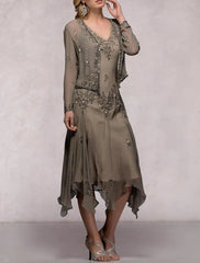Two Piece A-Line Mother of the Bride Dress Formal Wedding Guest Elegant V Neck Tea Length Chiffon Sequined Long Sleeve Jacket Dresses with Pleats Crystals