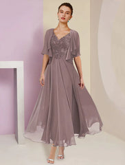 Two Piece A-Line Mother of the Bride Dress Formal Fall Wedding Guest Elegant V Neck Tea Length Lace Short Sleeve Wrap Included with Pleats Appliques
