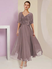 Two Piece A-Line Mother of the Bride Dress Formal Wedding Guest Elegant V Neck Tea Length Chiffon Lace Short Sleeve Jacket Dresses with Pleats Appliques