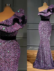 Aimishang Mermaid / Trumpet Evening Gown Sparkle & Shine Dress Wedding Guest Engagement Sweep / Brush Train Sleeveless One Shoulder Sequined with Sequin Ruffles
