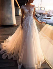 Beach Wedding Dresses A-Line Illusion Neck Cap Sleeve Floor Length Lace Bridal Gowns With Pleats Ivory