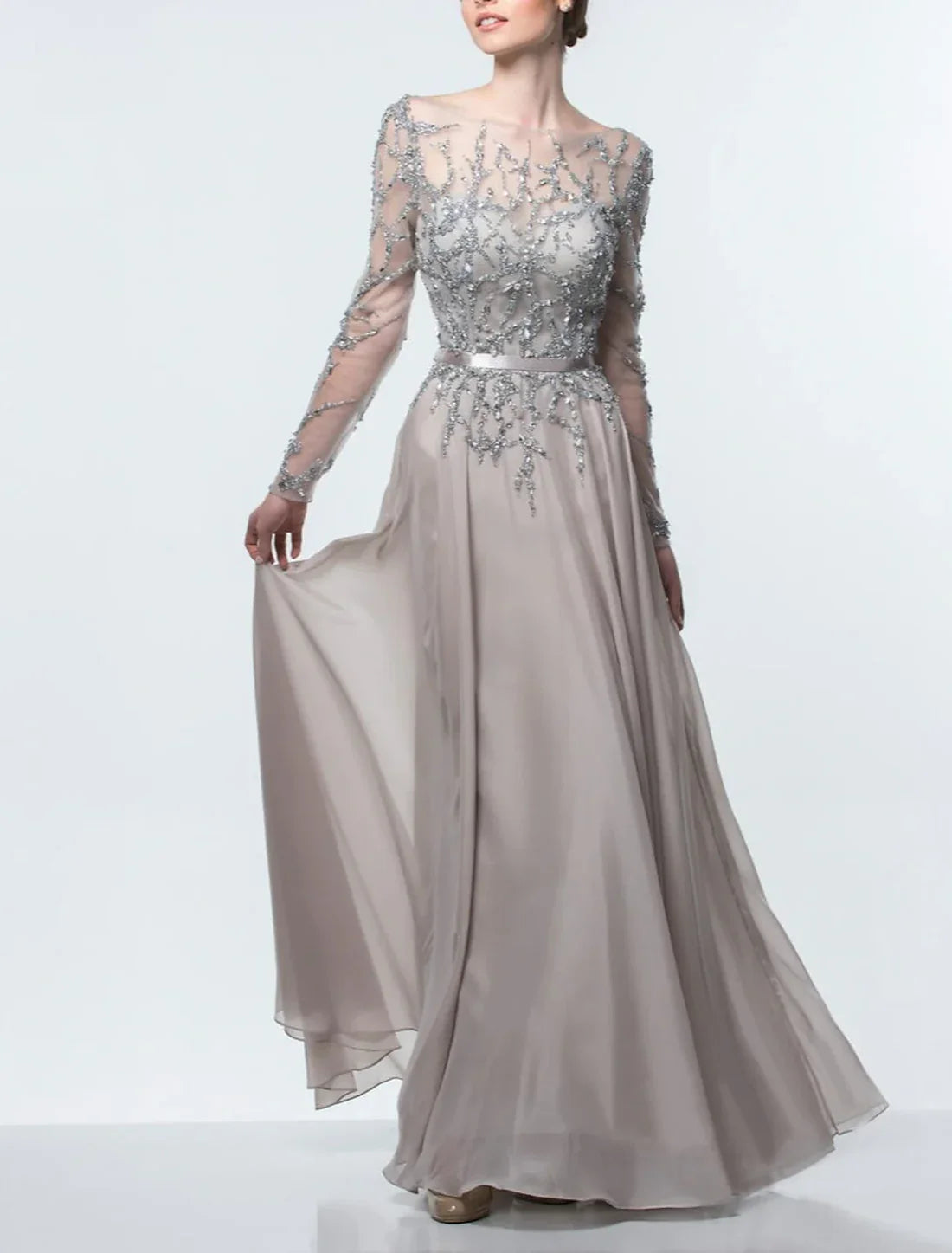 A-Line Mother of the Bride Dress Formal Wedding Guest Elegant Jewel Neck Floor Length Chiffon Sequined Long Sleeve with Sequin Open Back