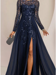 A-Line Mother of the Bride Dress Wedding Guest Elegant Jewel Neck Floor Length Chiffon Lace Sequined Long Sleeve with Split Front Ruching Solid Color
