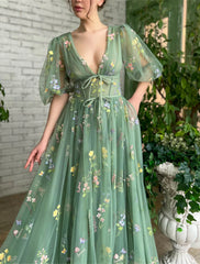 A-Line Prom Dresses Elegant Dress Wedding Guest Wedding Party Floor Length Short Sleeve V Neck Lace with Appliques Strappy