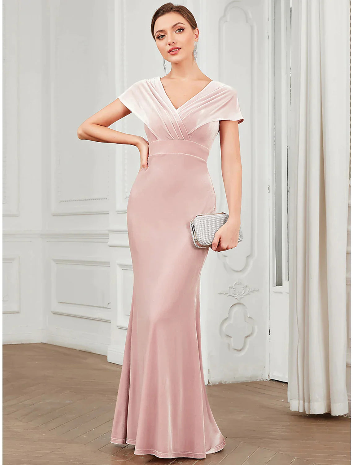 Evening Gown Vintage Dress Floor Length Short Sleeve V Neck Velvet V Back with Ruffles